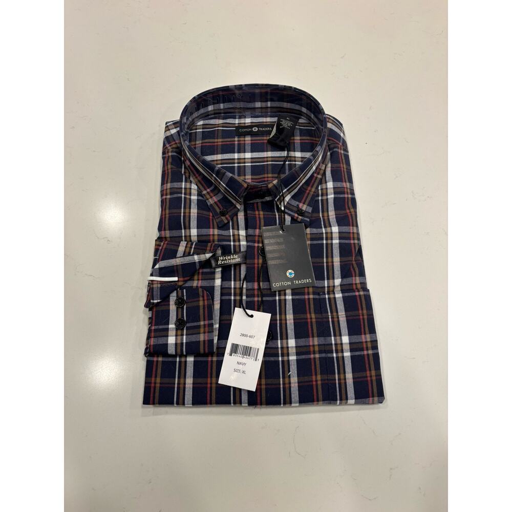 Cotton Traders Classic Fit Plaid Button-Down Shirt Navy White Red Brown Men's XL